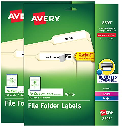Avery File Folder Labels with TrueBlock Technology, Permanent Adhesive, 2/3 x 3-7/16, Laser/Inkjet, 2-Pack, 300 Labels Total (28593)