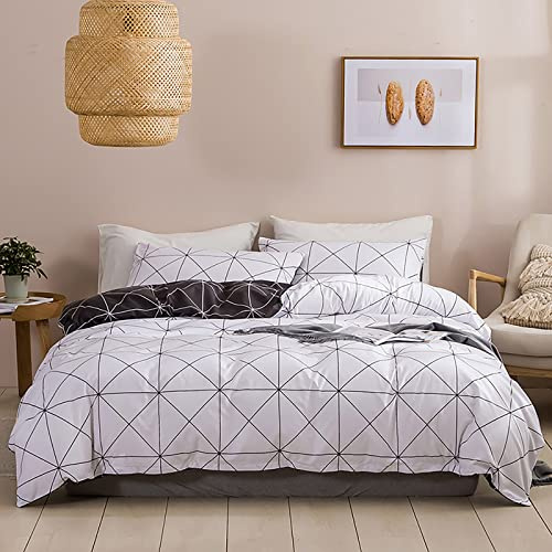 Reversibile Geometrico Set Copripiumino Letto Matrimoniale Completo King Size 1 Sacco Copripiumino 240x220 cm e 2 Federe 50x75 cm Copri Piumone Scacchi Parure Biancheria Letto Microfibra Bianco