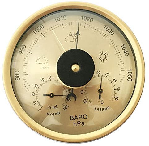 POKHDYE Barometer für Zuhause Barometer 132 mm analoges Barometer Thermometer Hygrometer 3 in 1 Wetterstation Temperatur Luftfeuchtigkeit Atmosphäre Druckmesser, Gold