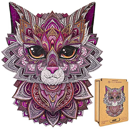 Lubiwood Verspielters Tierform-Holzpuzzle (29x21 cm) - Fördert Beobachtungsfähigkeiten und Zufriedenheit - kommt mit Holzgeschenkbox - Perfekt für Erwachsene (Neugierige Katze, Medium (A4))