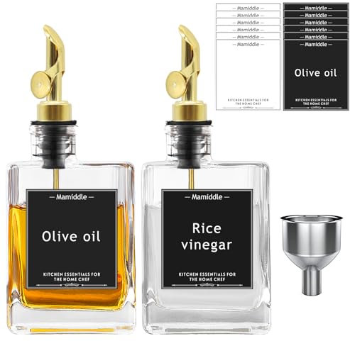 Mamiddle Essig und Ölflaschen Set mit Edelstahl Ausgießer Trichter und Aufkleber Ölspender Oil Dispenser Olivenöl Flasche für Küche und BBQ (280ml, Gold)