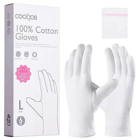 COOLJOB Baumwollhandschuhe, Weiße Stoff Handschuhe aus 100% Baumwolle für trockene Hände & Neurodermitis, Feuchtigkeitsspendende Handschuhe, Waschbar - Gratis Waschbeutel (6 Paar, Größe L)