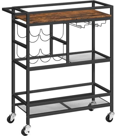 MAHANCRIS Servierwagen mit Rollen, Barwagen mit 3 Etagen und Griff, Küchenwagen, Getränkewagen mit Glas- und Flaschenhaltern, Weinwagen für Küche, Esszimmer, Vintagebraun ARCHR6101