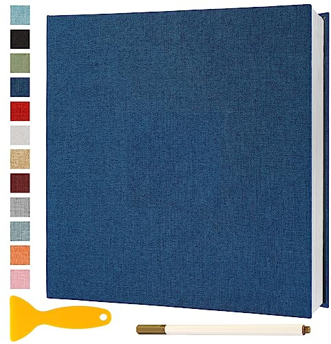 Album Fotografico Autoadesivo 33x32 CM in Lino Album Portafoto Personalizzabile Scrapbook Photo Album Fotolibro Ricordi Nascita Matrimonio Journal Travel Guest Book, 60 Pagine Blu