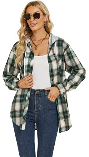 Jhsnjnr Women's Casual Checked Shirts Hooded Flannel Long Sleeve Button Down Blouses Green Khaki