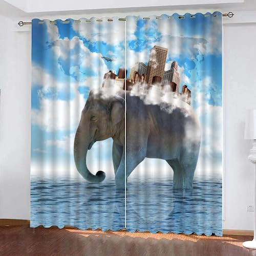 GIOVIA 3D Elefant Vorhänge Abdunkelnde mit ösen 2 Stücks Gardinen Blickdicht Verdunkelungs Meer Elefant Kälteschutz Scheibengardinen für Junge Mädchen Schlafzimmer B 280 X H 260 cm