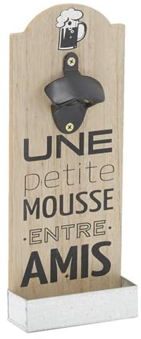 AUBRY GASPARD - Décapsuleur Mural Bois et Métal - Naturel et Noir - 11.5 x 4.5 x 30 cm - Inscription « Une Petite Mousse Entre Amis » - Fixation Murale - Poids 0,31 kg - Convivial et Pratique