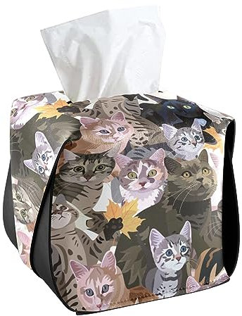 CaTaKu Taschentuchbox Abdeckung Quadratisch Tier Katze Niedlich Tissue Box Halter für Badezimmer, PU Leder Gesichts Kleenex Tissue Box Cube für Auto Büro