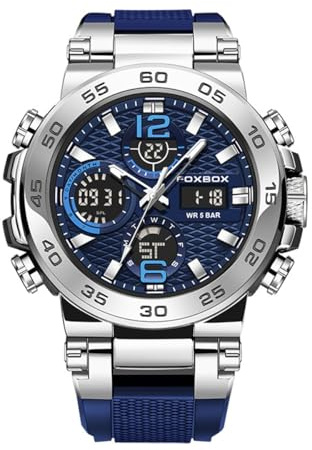 Rhomba FOXBOX0033 Dual Display Electronic Watch Fashionable and Cool Dual Display Multifunctional Silicone Glow Sport Leisure Waterproof Men's Watch (Silver Blue)