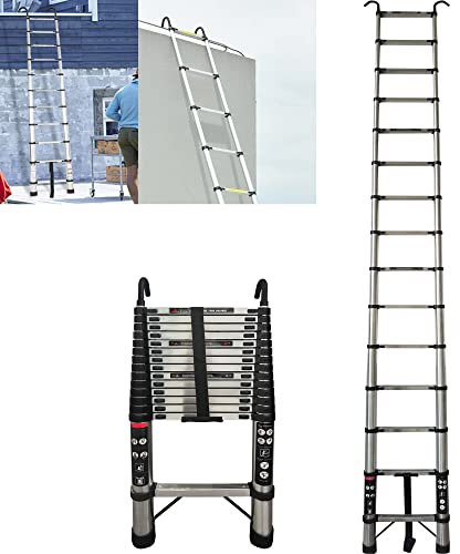 4.4M Escaleras Plegables Telescópicas con 2 Ganchos de acero Inoxidable Extensión Extensible 14 Peldaños,150kg Max. Capacidad EN131 Portátil Loft Ático para Negocios Casa Trabajo Bricolaje Constructor