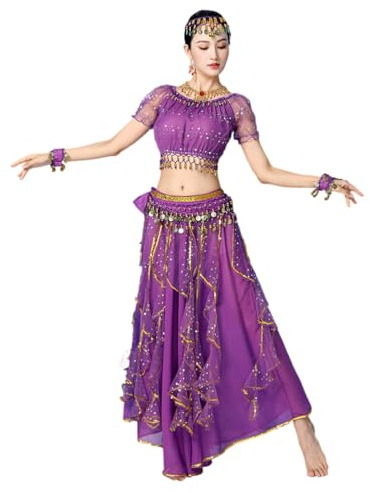 Bollywood indisches Damenkleid mit arabischem Spitzenband, Bauchtanz, 3-teiliges Kleid für Mädchen (Oberteil, Rock, Gürtelschal)