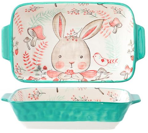 XNSHUN Fuente pequeña de cerámica, forma rectangular de cerámica, con asas de cerámica, ideal para souffle crema, lasaña, tiramisú, pudín, microondas (conejo)