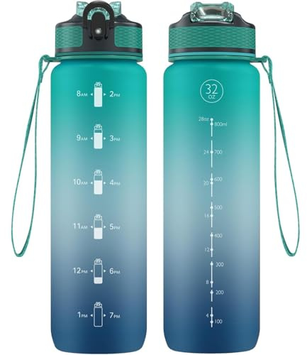 NAVTUE Trinkflasche, 1L Sport-Wasserflasche mit Strohhalm, Zeitmarkierungen, auslaufsicher, BPA-freiTritan, Wasserflasche für Schule Radfahren Laufen (1 Flasche)