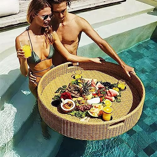Plateau flottant de piscine - Plateau de service flottant de luxe - Forme ronde - En rotin tressé - Parfait pour les barres de sable, les spas, les bains et les fêtes - 60 cm - Marron