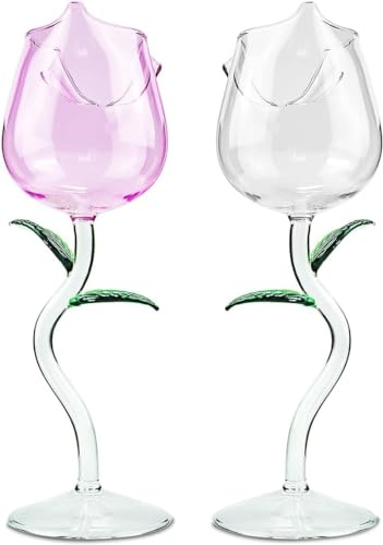 2 Stück Weingläser in Rosenform, Rosen blumen kelch Wein Saft Glas für Rotweinglas Cocktailglas, Rosenkelch Set für Geschenke/Party/Abendessen/Hochzeit/Trinkgeschirr (Rosa und Transparente, 150ml)