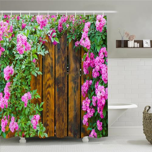 Simpomsy 3d Shower Curtain for Garden Scene Wood Fence Flowers, Garden Curtains Outdoor Nature Scenery Waterproof Cloth Fabric Bathroom Decor Set with Hooks 180x180cm