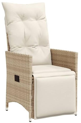 vidaXL Gartensessel Verstellbar mit Kissen, Gartenstuhl mit Stahlrahmen, Loungesessel für Außenbereich, Relaxsessel, Beige Poly Rattan