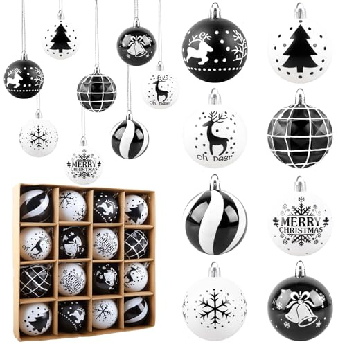 Aitsite 16 Stück Christbaumkugeln Schwarz Weiß, 6CM Weihnachtskugeln Kunststoff mit Aufhängen Bruchsicher Ornamente Weihnachtsbaum Kugeln Weihnachtsbaumschmuck für Weihnachtsdeko Innen Aussen