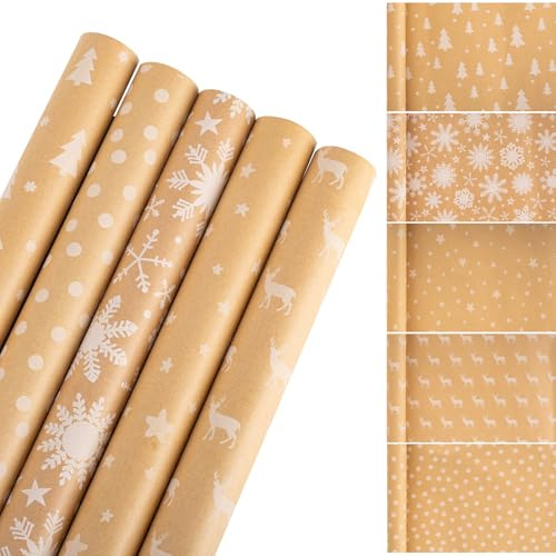 Presentomslagspapper, kraftpapper jul födelsedag omslagspapper rulle för födelsedagspresent fest juldekorationer – 3 rullar – 43 cm x 300 cm per rulle (gul och vit)
