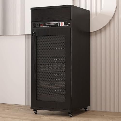 JIAOCKJIAO Phonoschrank, Stereoschrank mit Schublade, Audio Rack Hi Fi Regal mit Kabelloch, Bewegliches Record Player Stand mit Türschloss, mit Verstellbaren Regalen(Nero,52x55x126CM)