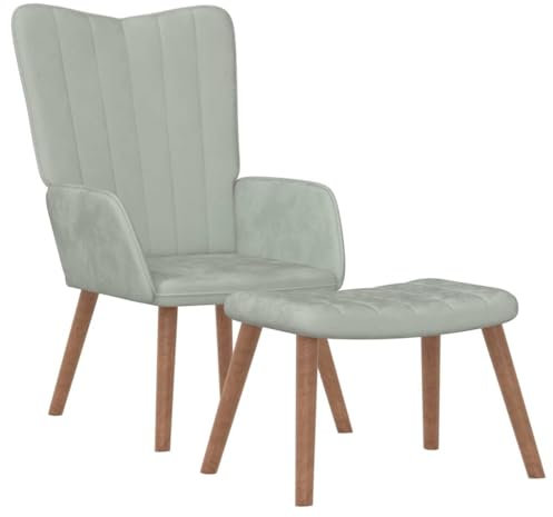 KATERYY Sessel mit Hocker Hellgrau Samt,Geräumiger Samtsessel mit Hocker im ChesterfieldStil Behaglicher Ohrensessel für Wohnzimmer und Esszimmer Wohnzimmer, Sessel