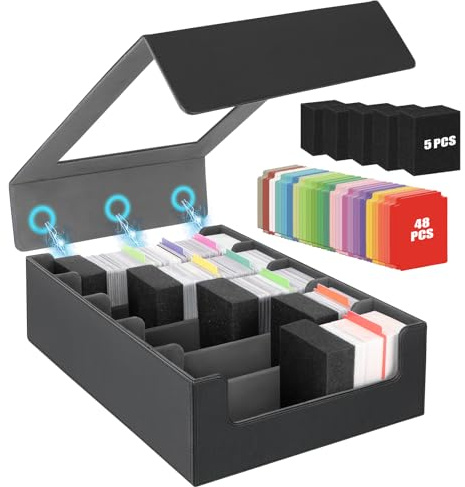 AOBOPLE Caja de Almacenamiento de Tarjetas Coleccionables de Más de 3900 con 48 Divisores Coloridos y 5 Soportes de Espuma Funda de Mazo de 5 Filas Caja Cartas para Magia Tarjetas Deportivas Caja