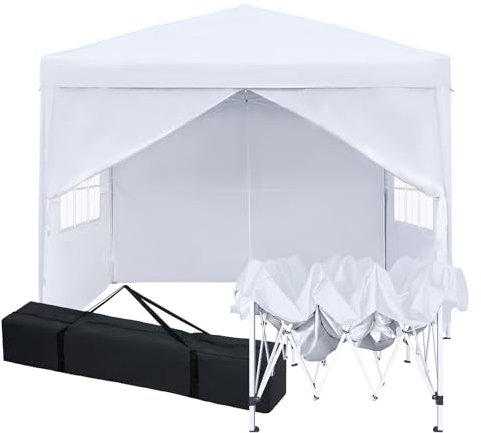 Pavillon 3x3m，Faltpavillon，Winterfest Wasserdicht Gartenpavillon mit 4 Seitenteilen、Tragtasche，Höhenverstellbar,UV Schutz 50+,Stabil,Metallrahmen,Partyzelt,Gartenzelt für Festival Camping Garten,Weiß