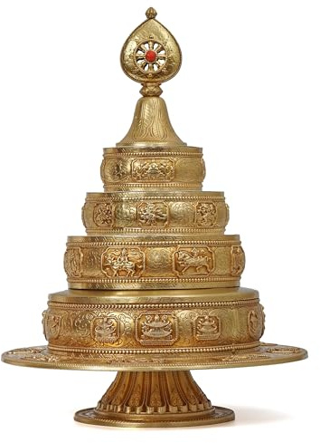 zenmood Tibetan Buddhist Mandala Offering Set, Brass Ceremonial Tower, 10.4 inch Height, Gold