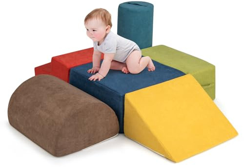 COSTWAY Set di 6 Blocchi di Arrampicata per Bambini, Set di Costruzioni Morbide con Tessuto Ciniglia, Mattoncini in Spugna ad Alta Densità con Maniglie, Ostacoli per Scalare per 1-3 Anni (Multicolore)