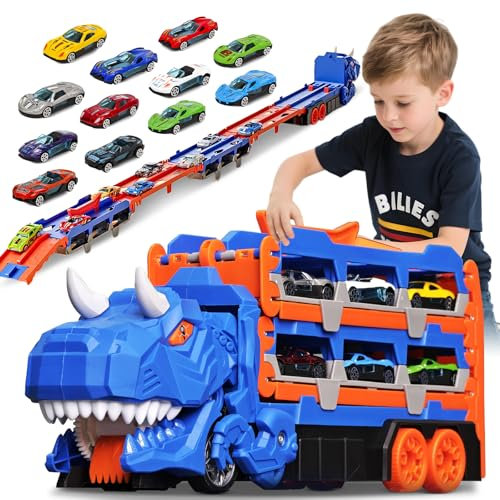 Sternstunde Camion de Transporteur Voiture Enfant avec 12 Petite Voiture, Voiture Jouet Portable Dinosaur Truck, pour Les GarçOns âGéS De 3, 4, 5, 6 Ans Enfants GarçOns Cadeau (Bleu)