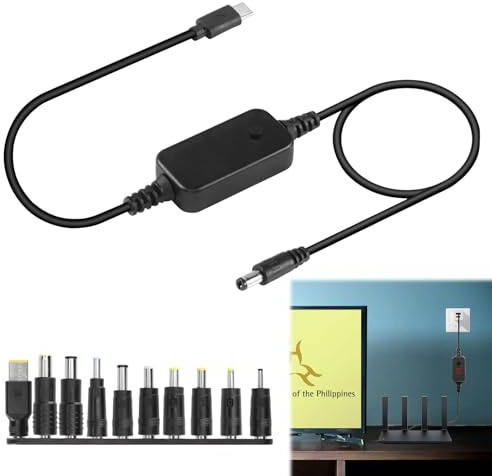 Keyxer - Cable de alimentación USB a DC (Power Cable) con voltaje ajustable 5 V/9 V/12 V, USB a 5-12 V, universal y 10 puntas convertidoras para PC portátiles, routers