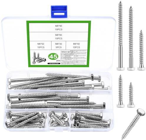 45 PcsTornillos Autorroscantes, M6 Tornillos Hexagonales para Chapa Metálica, Tornillos Autoperforantes de Acero Inoxidable para Madera Metal, M6x30/40/50/80/90 mm