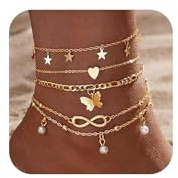 BelleVive 5 Stück 14K Gold Fußkettchen Sets für Frauen, Verstellbares, mehrlagiges, unendliches Fußkettchen, Sommer, Strand, Schmetterling, Stern, Fußkette, Schmuckgeschenke