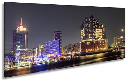Leinwandbild Lichtermeer der Stadt – Hamburgs Nacht in voller Pracht. Panorama 100x50cm XXL Kunstdruck Bild auf Keilrahmen/Wandbild/Wohnzimmer Dekoration