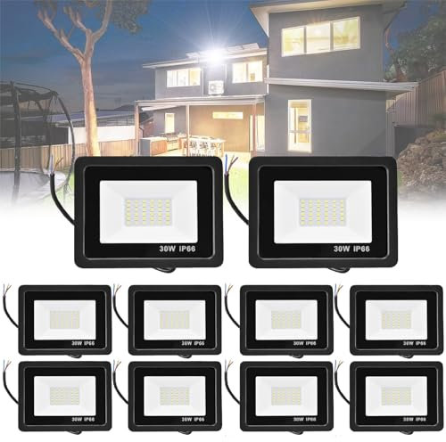 UEGFSIJRF Projecteur LED d'extérieur 30 W - 6500 K, lumière du Jour, étanche IP66, éclairage de sécurité 2100 LM for allée, Stade, entrepôt(10pack)