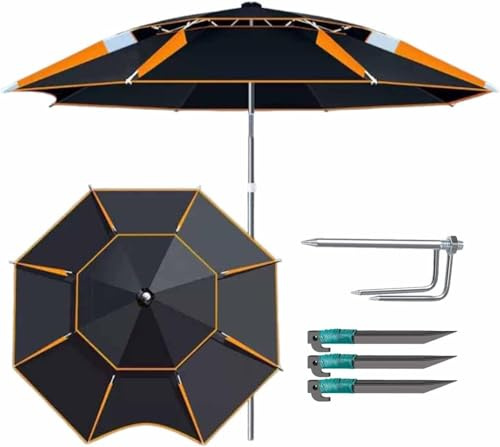 Ombrellone da Spiaggia Antivento Ombrello da Pesca All'aperto Protezione UV Ombrellone Portatile con Spina di Terra 200-260 Cm / 6,5-8,5 Piedi per Spiaggia Patio Giardin, Black Orange, 240CM/8FT