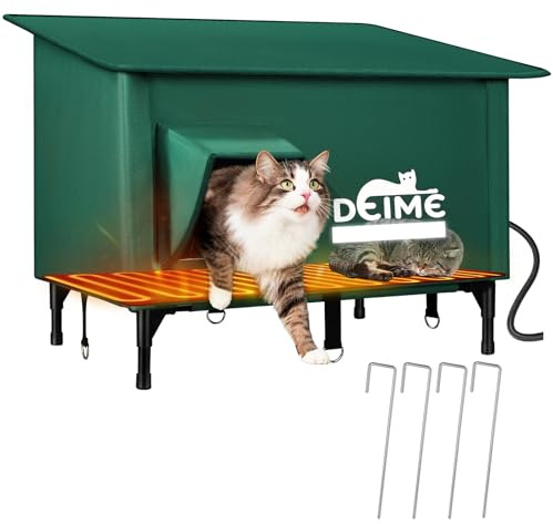 Vergrößerte Katzenhaus Outdoor Winterfest Isoliert, Katzenhöhle für Draußen mit Heizkissen und Fluchttüren, Beheiztes Katzenhaus für Mehrere Katzen, Erhöhte Wasserdicht Robuste katzenhütte für Draußen
