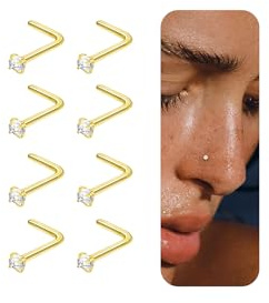 Näsringar i titan nitar, 20G L-format silver näsdubbar för kvinnor män 8 st silver allergivänliga icke-fläckiga näsringar små CZ diamant näsborre piercingar smycken 1,5 mm 2 mm 3 mm, Small, Rostfritt
