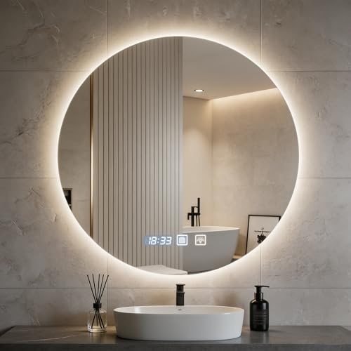 Lightasea Runder Badspiegel mit Beleuchtung,60cm Wandspiegel,LED Spiegel,3 Lichtfarbe Dimmbar,Kosmetikspiegel Schminkspiegel,Badezimmer-Wandspiegel,Antibeschlag,Touch-Schalter,IP44,Horizontal/vertikal