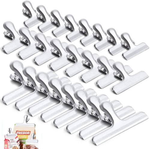 LDHHYH 24Pcs Stainless Steel Chip Bag Clips, 3 Sizes 5.6/7.8/12cm Airtight Seal Grip for Coffee Food Bread Bags, Food Bag Clips for Kitchen Home Office Usage, Sliver