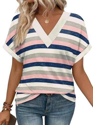 Cuptacc Camiseta Manga Corta Mujer Color Sólido Top Mujer Verano Elegantes Cuello en V Blusa Rayas Azules Rosas, XX-Large XXL 50-54
