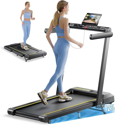 6 in 1 Folding Treadmill with 16KM/H, 12% Incline Walking Pad Foldable with Heart Rate Monitor, Dual LED Display Under Desk Treadmills for Home Office, Running Machine with Bluetooth Speaker & APP