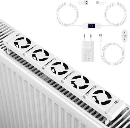 Jaxguom Radiator Fan with 5 Improved Fans, Radiator 1-Piece, a Smart Radiator Booster for Heaters, Saves Energy and Heating Costs, White