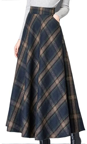 Women's Plaid Winter Skirt Fall High Waisted Midi Maxi Length Flowy A Line Vintage Swing Casual Flared Skirts with Pockets Blue