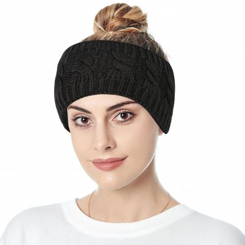 ZXTGBQ Femmes Chaud Tricot Bandeau, Hiver Cache Oreillesbandeau, Headband Noir Elastique Bandeaux Mode Pour Femmes, Plus éPais Doublure Chaude Cheveux Bandes, Bandeau Hiverfemme(One Size, Black)