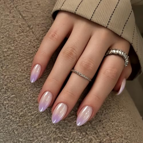 SXVME Chrome Ombre Press On Nails Short Almond, 30 Pcs Glazed Gradient Lilac False Nails With Shimmer Mirror Effect, Reusable Thick Donut Bling Fake Nails Press ons for Women Everyday Wear