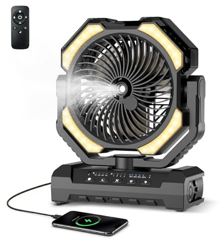Ateroll Ventilador de Camping con Nebulizador Portátil, Batería Recargable 20000mAh y Mando a Distancia, Depósito 250ml, Luz LED y Gancho para Tienda, Exterior, Hogar, Patio y Viajes