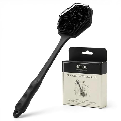 Holou Silicone Back Scrubber Long Handle – Shower Brush & Body Exfoliator | Long handled sponge for hard-to-reach backs – a hygienic loofah, bath sponge & shower scrubber that never goes mouldy