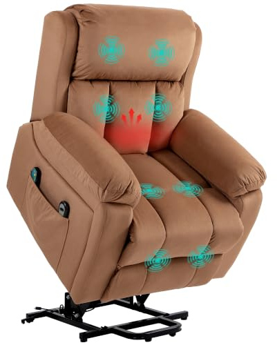 HOMCOM Sillón Relax Reclinable Eléctrico Levanta Personas Mayores Marrón | Masaje Vibratorio y Calor, Sillón Elevador, Control Remoto, Reposapiés, Tapizado en Cuero Sintético, Bolsillos