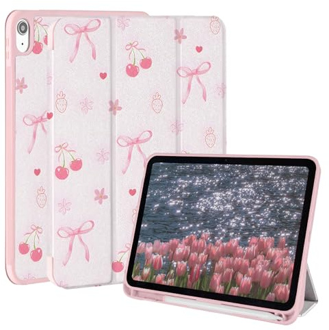 Rvciby Coque pour iPad 10e Génération 2022/11e Génération 2025(A16),10.9&11 Pouces Étui avec Pen Holder & Support Trifold,Motif Noeud Rose Housse de Protection,Noeud Cerise